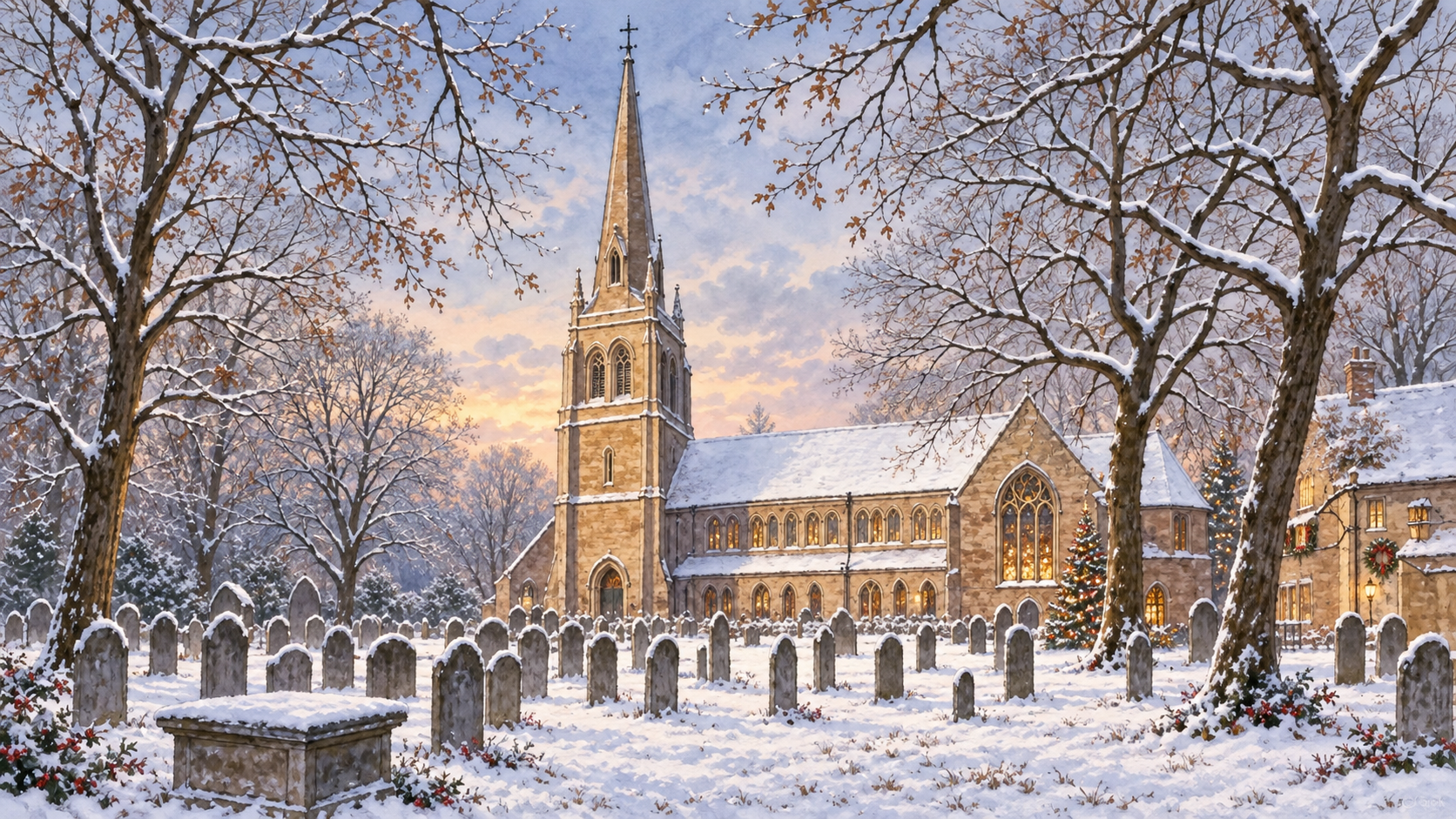 Monton Unitarian Church in winter, snow on the ground and trees, at dusk